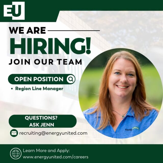 𝗝𝗼𝗯 𝗔𝗹𝗲𝗿𝘁 🚨 | 𝗥𝗲𝗴𝗶𝗼𝗻 𝗟𝗶𝗻𝗲 𝗠𝗮𝗻𝗮𝗴𝗲𝗿 
EnergyUnited is hiring a region line manager to lead our crews and power communities. 💼 Apply today:   https://zurl.co/y4I1z
#AskJenn