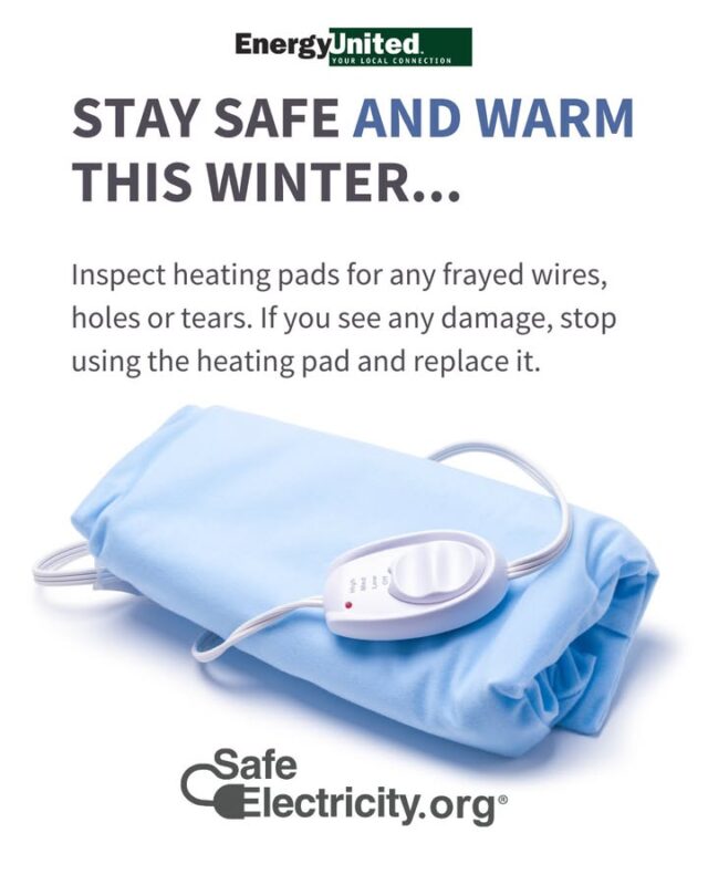 Stay safe and warm: Inspect heating pads for frayed wires, holes or tears. If you find damage, stop using the heating pad and replace it. 

Get more heating safety tips: SafeElectricity.org/safety-tips/space-heaters