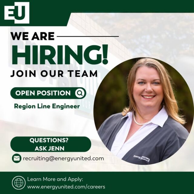 🚨 𝗝𝗼𝗯 𝗔𝗹𝗲𝗿𝘁 | 𝗥𝗲𝗴𝗶𝗼𝗻 𝗟𝗶𝗻𝗲 𝗘𝗻𝗴𝗶𝗻𝗲𝗲𝗿
Ready to help power the communities that depend on us?

EnergyUnited is looking for a Region Line Engineer to join our Energy Delivery team in Lexington. If you're passionate about electric distribution systems, project coordination and delivering reliable service, we want to hear from you.

In this role, you'll support the planning and execution of construction and reliability projects, coordinate with line crews and contractors and help ensure our system meets the engineering and safety standards our members count on.

💼 Learn more and apply: https://zurl.co/pHJTb