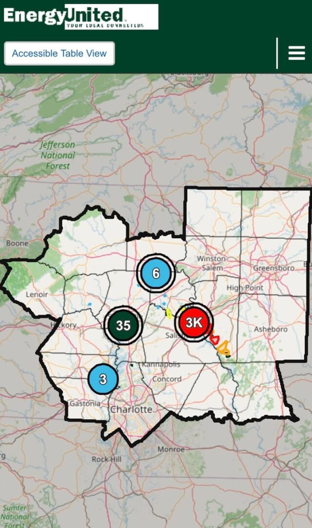 EnergyUnited is experiencing scattered power outages as severe storms move through our service area this evening, with Davidson County among the hardest-hit areas. Strong winds have resulted in fallen trees, broken poles and downed power lines.

Our crews are actively responding and working to restore service to affected members as safely, quickly and efficiently as possible. We appreciate your patience and understanding as our teams assess damage and complete repairs.

As a reminder, stay far away from any downed power line and always assume it is energized. Report safety hazards and outages to EnergyUnited by calling 1-800-EUNITED (1-800-386-4833).

Thank you for your patience and understanding as our crews work to restore power safely and as quickly as conditions allow.