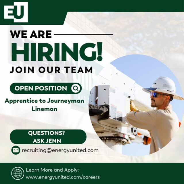 Ready to help power the communities that depend on us? ⚡

EnergyUnited is looking for an Apprentice to Journeyman Lineman to join our team in Lake Norman. If you’re ready to build your skills while making a difference in the communities we serve, we’d love to have you on our team!

In this role, you’ll gain hands-on experience building, maintaining and restoring the electric system our members rely on every day.

Learn more and apply: https://zurl.co/30gVq