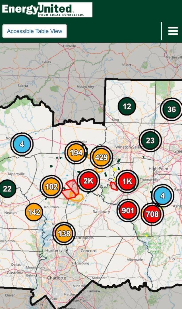 EnergyUnited is experiencing widespread power outages due to severe storms moving through our service area this afternoon.

Crews are monitoring conditions, assessing damage throughout the system and beginning restoration efforts as soon as it is safe to do so. Based on the severity of the storm and the extent of the damage, restoration efforts are likely to continue overnight and into tomorrow.

𝗜𝗺𝗽𝗼𝗿𝘁𝗮𝗻𝘁 𝗦𝗮𝗳𝗲𝘁𝘆 𝗥𝗲𝗺𝗶𝗻𝗱𝗲𝗿𝘀 
▪️ Stay away from downed power lines and anything they may be touching. Always assume a downed line is energized and dangerous.
▪️ Never operate a generator indoors, in a garage or near doors, windows or vents.

Members can report outages through My EnergyHub or by calling 1-800-EUNITED. For more storm safety tips, visit www.energyunited.com/storm-preparation/.

Thank you for your patience and understanding as crews work to restore power to all members as safely and quickly as possible.